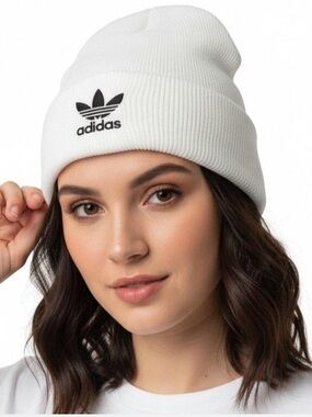 Adidas Trefoil Beanie Embroidered White Black One Size Unisex Knit Hat New W Tag